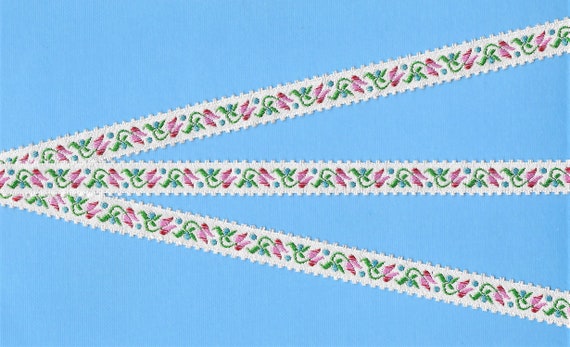 FLORAL B-24-F Jacquard Ribbon Rayon Trim 1/2" wide (13mm) White w/Picot Edging w/Variegated Pink Tulips Blue Dots Green Leaves