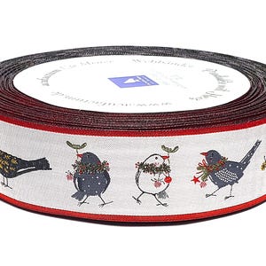 KERSTIN HESS Fita Jacquard para Festas, guarnição tecida, 1-5/16" de largura (30 mm) da Alemanha, "Pássaros de Natal", branco com bordas vermelhas, vários pássaros com galhos