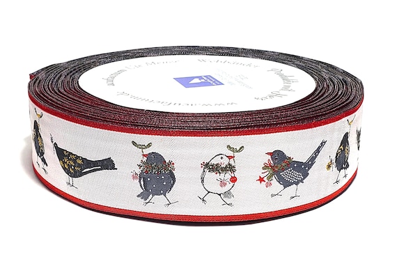 KERSTIN HESS Holiday Jacquard Ribbon Woven Trim 1-5/16" wide (30mm) From Germany "Christmas Birds" White w/Red Borders, Multi Birds w/Twigs