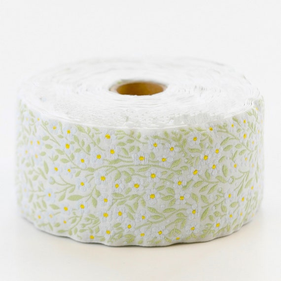 KAFKA K-02/01 Jacquard Ribbon Woven Organic Cotton Trim 2" wide (50mm) White Background, Lt Blue (& Yellow) Forget-Me-Nots, Lt Green Leaves