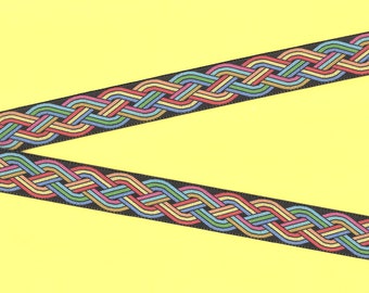 GEOMETRIC D-05-A Jacquard Ribbon Poly Trim 3/4" wide (20mm) Black Background w/Rainbow Celtic Knot Weave Design