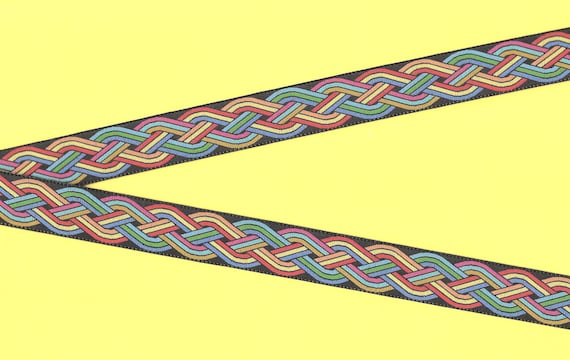 GEOMETRIC D-05-A Jacquard Ribbon Poly Trim 3/4" wide (20mm) Black Background w/Rainbow Colored Celtic Knot Weave Design