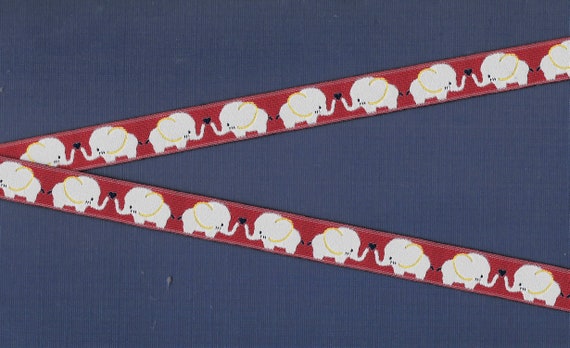 ANIMALS/Wildlife C-02-B Jacquard Ribbon Poly Trim 5/8" wide (16mm) Made in France, Gray Elephants on Red