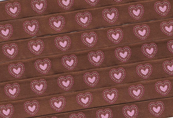 HEARTS/FLOWERS B-07-A Jacquard Ribbon Poly Trim 1/2" wide (13mm) Douglas Paquette, "Mosaic Hearts" Brown Background w/Pink Hearts & Dots