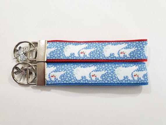 WILDLIFE Jacquard Ribbon/Nylon Web 1" wide (25mm) Key Fobs, Forget-Me-Not Polar Bears & Cubs w/Charms, Keychain, Luggage Tags 5.5" long