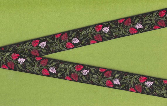 FLORAL E-75-B Jacquard Ribbon Polyester Trim 15/16" wide (24mm) Made in France, Black w/Dk Red, Red & Pink Tulips, Olive Green Stems/Leaves