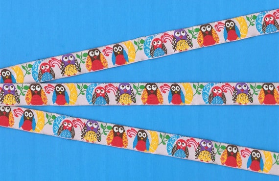 ANIMALS/Birds C-03-B Jacquard Ribbon Poly Trim 5/8" wide (16mm) Pale Pink Background with Happy Bright Owls