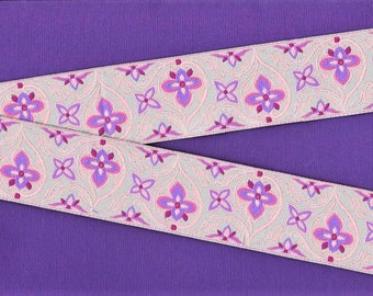 FLORAL H-08-A Jacquard Ribbon Poly Trim, 1-1/2" Wide (38mm) Gray Background, Purple/Pink Medieval Renaissance Scroll Floral Design, REMNANTS