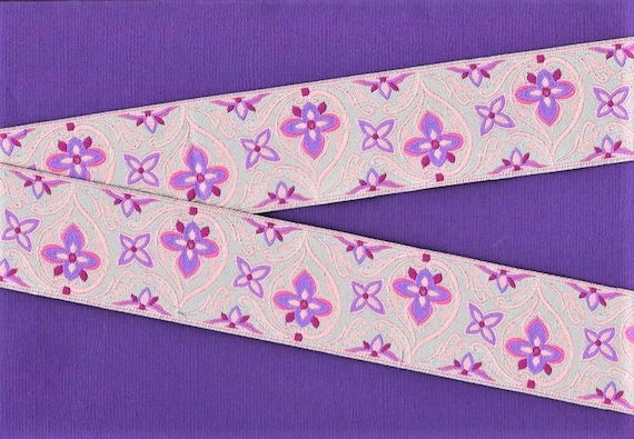 FLORAL H-08-A Jacquard Ribbon Poly Trim, 1-1/2" Wide (38mm) Gray Background, Purple/Pink Medieval Renaissance Scroll Floral Design, REMNANTS