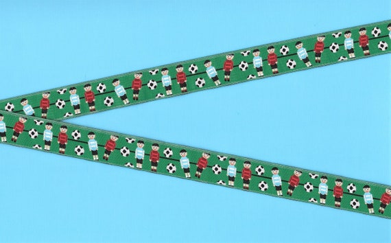 NOVELTY/Sports D-01-B Jacquard Ribbon Poly Trim 3/4" Wide (20mm) Made in France, Green w/Foosball Style Soccer Players & Balls