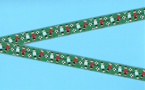 NOVELTY/Sports D-01-B Jacquard Ribbon Poly Trim 3/4" Wide (20mm) Made in France, Green w/Foosball Style Soccer Players & Balls, Per Yard