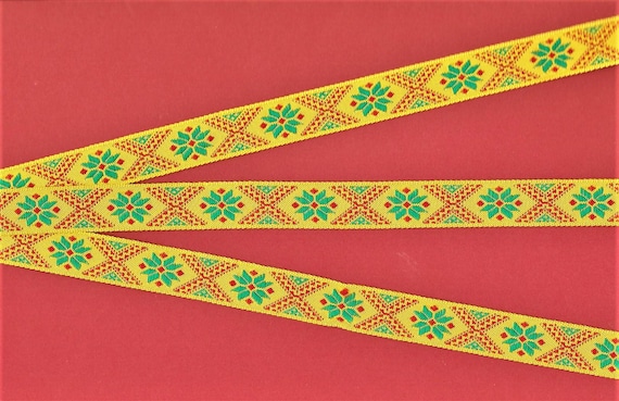 SNOWFLAKES C-25-F Jacquard Ribbon Viscose Trim 5/8" wide (16mm) Made in France, Sunshine Yellow w/Nordic Green Snowflakes/Stars, Red Accents