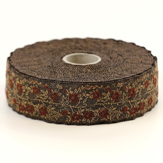 KAFKA F-02/37 Jacquard Ribbon Woven Organic Cotton Trim 1" wide (25mm) Brown Background w/Rust Wild Roses, Beige/Brown Leaves & Vines