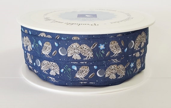 SOPHIA DRESCHER Birds Jacquard Ribbon Woven Trim 5/8" wide (16mm) From Germany "Night Owls" Navy Background w/Spotted Owls & The Moon
