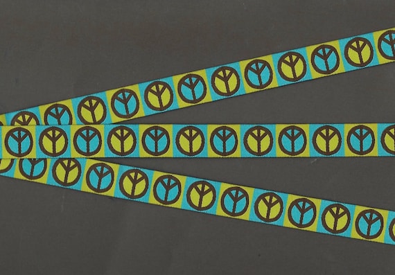 NOVELTY C-01-B Jacquard Ribbon Poly Trim 5/8" wide (16mm) Lime/Turquoise Peace Signs