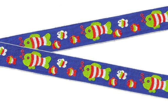 CHILDREN's G-10-A Jacquard Ribbon Cotton Trim 1-3/16" wide (30mm) Royal Blue w/Green & Orange Clown Fish
