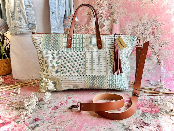 ATENTI Handmade Bags "LILY" Tapestry Pattern in Ivory & Green, Needle Arts Organizer Bag, Carry-On Luggage, Diaper Bag, USA Made