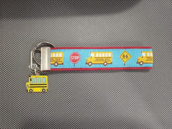 Jacquard Ribbon/Nylon Web 1" wide (25mm) Key Fobs, School Bus w/Charms, Keychain, Wristlet, Zipper Pulls, Luggage Tags 5.5" long