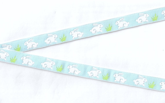 ANIMALS/Farm C-02-C Jacquard Ribbon Poly Trim 5/8" wide (16mm) Easter, Blue w/White Rabbits