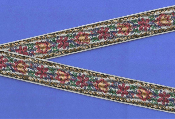 FLORAL TAPESTRY H-13-A Jacquard Ribbon Cotton Trim 1-1/2" Wide (38mm) "Petit Point" Design in Gray, Multi-Colored Flowers & Leaves