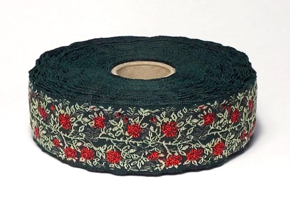 KAFKA F-02/27 Jacquard Ribbon Woven Organic Cotton Trim 1" wide (25mm) Christmas Green, Iridescent Metallic Red Wild Roses Green Stems/Vines