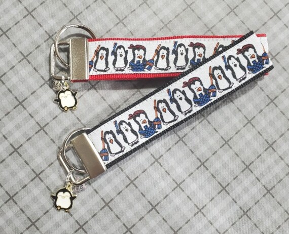 Jacquard Ribbon/Nylon Web Key Fobs - PENGUINS doing Chores! w/Charms -  Keychain Key Fob Wristlet, Luggage Tags 5.5" long, Choose Web Color