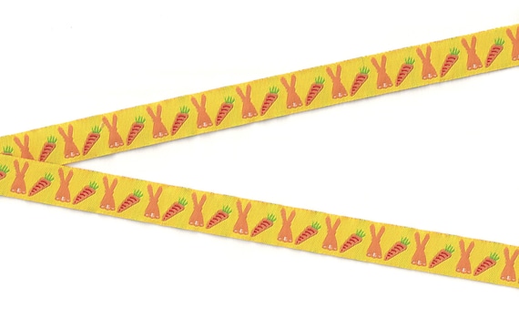 ANIMALS/Farm C-01-A Jacquard Ribbon Poly Trim 5/8" wide (16mm) EASTER Yellow w/Rabbits & Carrots