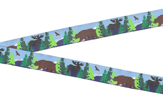 RDS E-19-D Jacquard Ribbon Poly Trim 7/8" wide (22mm) Sky Blue w/Mountains, Trees, Brown Bears, Black Moose, Eagles