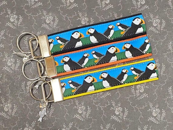 Jacquard Ribbon/Nylon Web 1" wide (25mm) Key Fobs, Tuxedo Puffins w/Charms, Keychain, Wristlet, Luggage Tags 5.5" long, Zipper Pulls