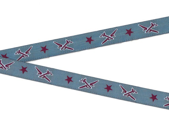 NOVELTY C-01-A Jacquard Ribbon Poly Trim 5/8" wide (16mm) Dusty Blue w/Burgundy Airplanes and Stars, Grey Accents
