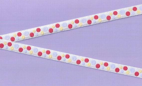 POLKA DOTS B-10-A Jacquard Ribbon Polyester Trim 1/2" wide (16mm) White Background w/Orange, Lilac & Pale Yellow Polka Dots