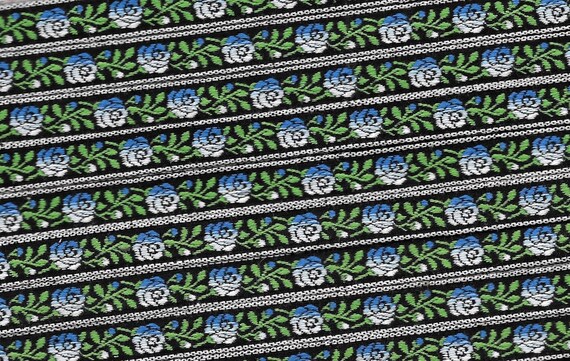 FLORAL A-84-A Jacquard Ribbon Cotton Trim 7/16" wide Black Background w/Variegated Blue Flowers, Green Leaves