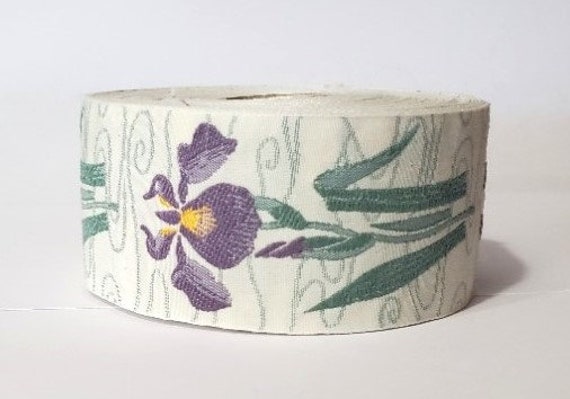 KAFKA H-10/02 Jacquard Ribbon Woven Organic Cotton Trim 1-1/2" wide (38mm) Ivory Background w/Lavender Irises & Green Leaves