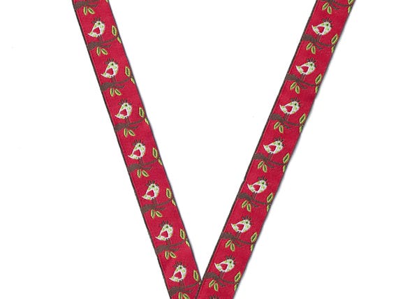 ANIMALS/Birds C-26-A Jacquard Ribbon Polyester Trim 5/8" wide (16mm) Red Background w/White Birds on Tree Branch (Vertical Design)