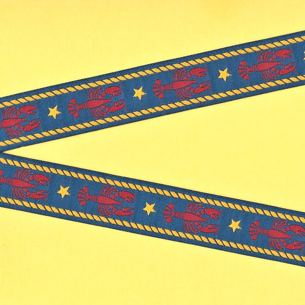 ANIMALS/Water E-DP-01c Jacquard Ribbon Poly Trim 7/8" Wide (22mm) Douglas Paquette, Navy w/Red Lobsters, Yellow Stars and Accents, REMNANTS