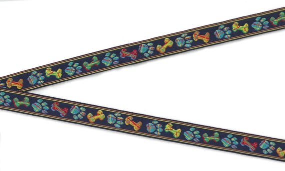 NOVELTY/Dogs C-03-A Jacquard Ribbon Polyester Trim 5/8" wide (16mm) Black Background w/Bright, Multi-Colored Dog Bones & Dog Paws