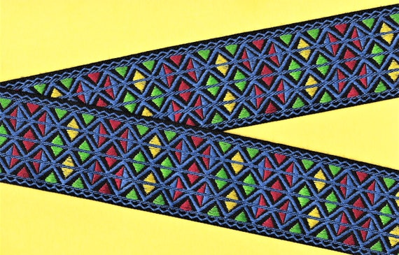 GEOMETRIC J-11-A Jacquard Ribbon Cotton Trim, 1-7/8" Wide (48mm) Black, Blue, Red, Green & Yellow Window Pane Design, Priced Per Yard