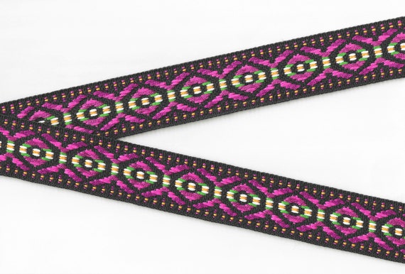 NATIVE AMERICAN H-10-A Jacquard Ribbon Cotton Trim, 1-1/2" Wide (38mm) REVERSIBLE Black with Pink/Plum/Green/Yellow/White Accents, Per Yard
