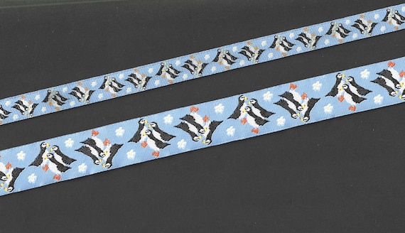 ANIMALS/Water RDS 18-B Jacquard Ribbon Polyester Trim "Forget-Me-Not Puffins" Blue Background Trio of Puffins & Flowers, Choose Width/Length
