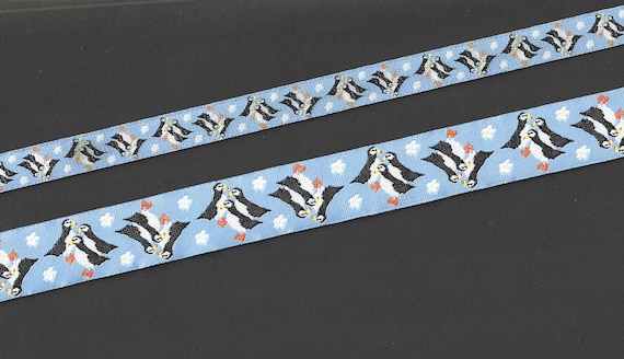 ANIMALS/Water 18-B Jacquard Ribbon Polyester Trim, "Forget-Me-Not Puffins" Blue Background w/Trio of Puffins & Flowers, Choose Width/Length