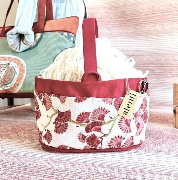 ATENTI "CHARM" Cream, Cranberry & Dusty Rose in a Ginkgo Tapestry, 8-Pocket Short Bucket Needle Arts/Knitting Project Bag, Handmade USA