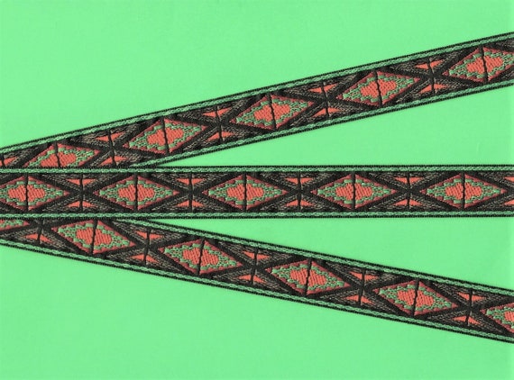 Native American D-21-A Jacquard Ribbon Poly Trim 3/4" wide (20mm) Black Background w/Green, Brown, Copper, Orange & Rust