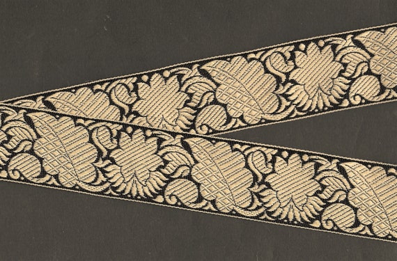 FLORAL H-29-A Jacquard Ribbon Poly Trim 1-1/2" wide (38mm) Black Background w/Large Beige Floral Design, Leaves and Scrolls
