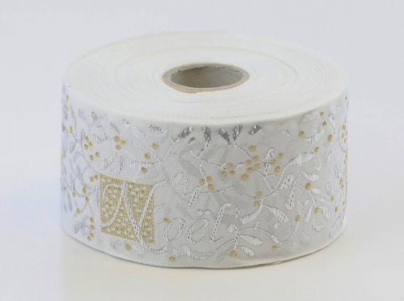 KAFKA H-03/N-01 Jacquard Ribbon Woven Organic Cotton Trim 1-1/2" wide (38mm) "NOEL" White Background w/Silver Leaves, Gold Berries & Accents