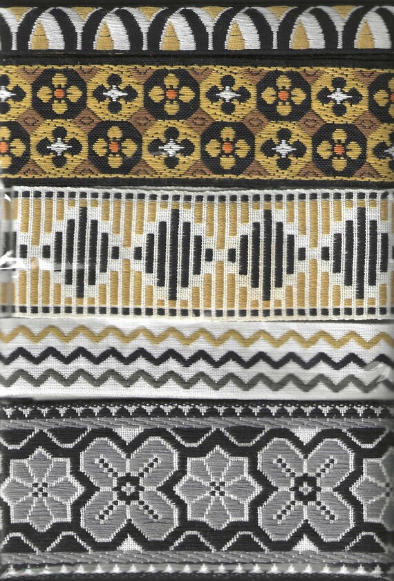 RIBBON PAK-102 Jacquard Ribbon Woven Cotton Trims 1yd lengths of 5 Designs Vintage, rare, in Black, White, Gray &  Mustard Gold