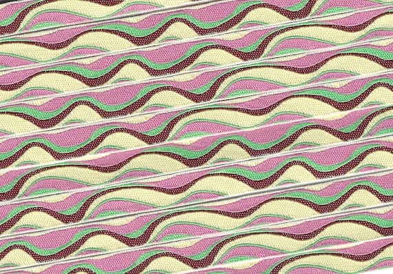 GEOMETRIC A-18-A Jacquard Ribbon Polyester Trim 3/8" wide (9mm) Cream Background w/Rose Pink, Burgundy & Spring Green Wave Design