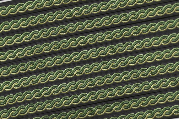 GEOMETRIC A-21-C Jacquard Ribbon Polyester Trim 3/8" wide (9mm) RARE Made in France, Black w/Shades of Green Celtic Rope Border Design