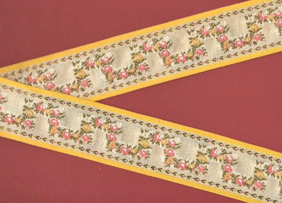 FLORAL K-10-A Jacquard Ribbon Woven Cotton Trim 2" wide (50mm) Beige Linen Pink & Yellow Flowers White Accents Green Leaves, Per Yard