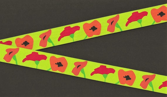 FLORAL E-40-A Jacquard Ribbon Poly Trim 7/8" wide (22mm) Lime Background w/Large Red & Orange Poppies, Black Accents, Green Stems
