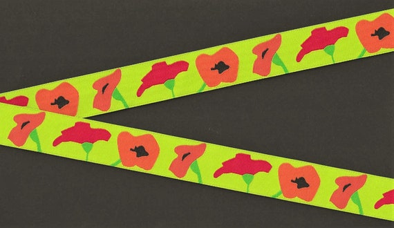 FLORAL E-40-A Jacquard Ribbon Poly Trim 7/8" wide (22mm) Lime Background w/Large Red & Orange Poppies, Black Accents, Green Stems, Per Yard